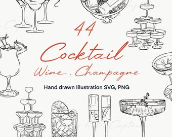 Hand Drawn Cocktail & Wine Clipart - Illustration SVG  PNG Vector Bundle Champagne , wine glasses
