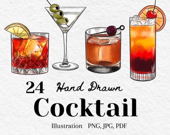 Hand-Drawn Cocktail Clipart set| Bar Drink Graphics (PNG, JPG, PDF) Drinks illustration