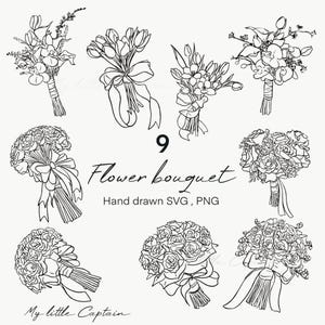 Hand gezeichneter Blumenstrauß Clipart | Illustration SVG & PNG Digitaler Download | Line Art Brautstrauß Vektor, Hochzeit Blume