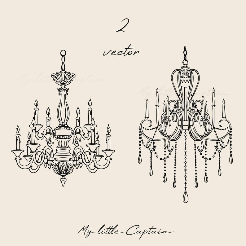 Pode incluir: Duas ilustra&ccedil;&otilde;es vetoriais a preto e branco de candelabros. Um tem um design cl&aacute;ssico com v&aacute;rios casti&ccedil;ais. O outro apresenta um design ornamentado com cristais pendurados. A palavra "vector" est&aacute; escrita acima dos candelabros, e "My little Captain" est&aacute; escrita abaixo.