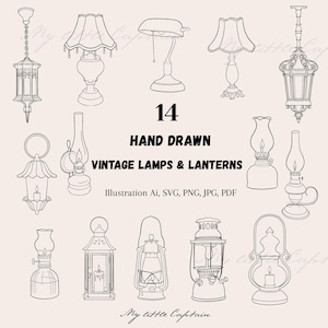 Puede incluir: Ilustración de 14 lámparas y faroles vintage dibujados a mano en arte lineal negro. La imagen presenta varios estilos de lámparas, desde faroles colgantes ornamentados hasta lámparas de escritorio, con el texto "14 HAND DRAWN VINTAGE LAMPS & LANTERNS" e información de tipo de archivo.