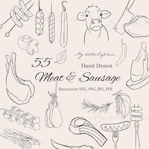 Puede incluir: Ilustración en blanco y negro con varios cortes de carne y salchichas, verduras y hierbas. Incluye una cabeza de vaca, una cuchilla y el texto "Meat & Sausage". La ilustración está etiquetada como "Hand Drawn" y "55".