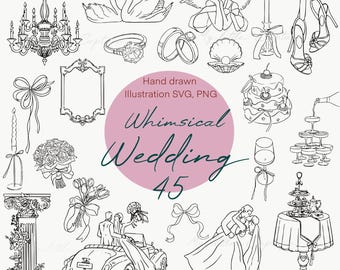 Paquete de imágenes prediseñadas de bodas caprichosas: Ilustraciones dibujadas a mano (SVG, PNG, PDF)