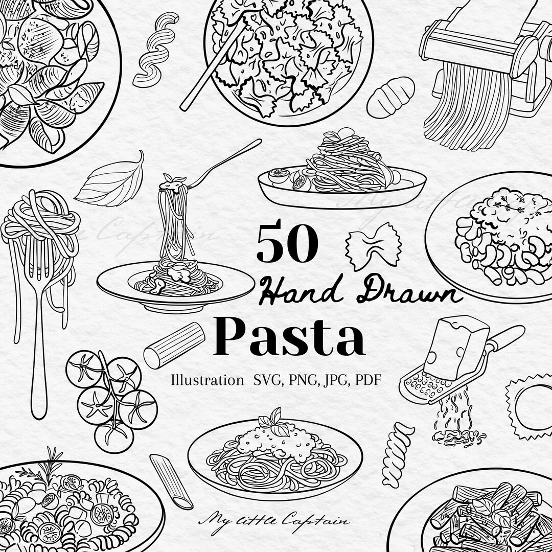 Basic Pasta Svg Hand Drawn Pasta Clipart Bundle | 50 Line Art Food Illustrations (svg ...