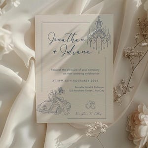 Pode incluir: Um convite de casamento com os nomes "Jonathan + Juliana" em escrita elegante. O convite apresenta um desenho a tra&ccedil;o de um candelabro, um casal num carro antigo e alian&ccedil;as de casamento. O fundo inclui flores brancas e tecido drapeado.