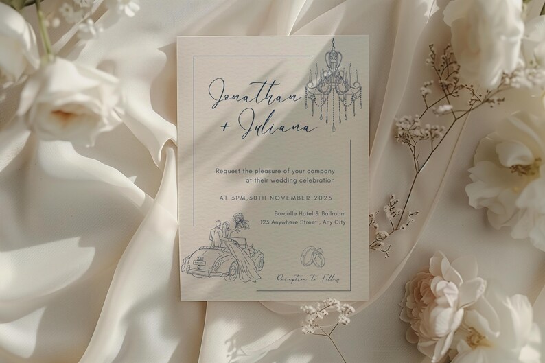 Pode incluir: Um convite de casamento com os nomes "Jonathan + Juliana" em escrita elegante. O convite apresenta um desenho a tra&ccedil;o de um candelabro, um casal num carro antigo e alian&ccedil;as de casamento. O fundo inclui flores brancas e tecido drapeado.