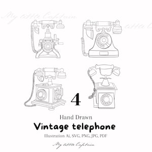 Może przedstawiać: Czarno-biała ilustracja czterech zabytkowych telefonów. Obraz zawiera tekst "Hand Drawn Vintage telephone" oraz informacje o typie pliku. Obecne jest również wyrażenie "My little Captain".