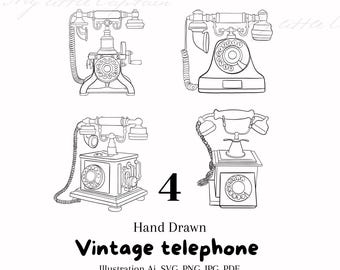 Pode incluir: Ilustração a preto e branco de quatro telefones antigos. A imagem inclui o texto "Hand Drawn Vintage telephone" e informações sobre o tipo de ficheiro. A frase "My little Captain" também está presente.