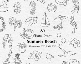 Clipart de playa de verano dibujado a mano: Ilustraciones de vacaciones tropicales (SVG, PNG, PDF), costeras