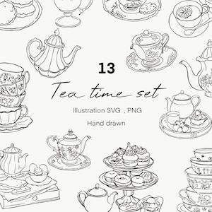 Vintage Tea Party-clipartbundel – Handgetekende illustratie Theepotten, theekopjes, lekkernijen | Grillige lijntekeningen SVG-png voor knutselen en uitnodigingen