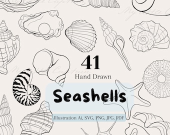 Handritade snäckskal Clipart: Kustlinjeteckning (svg, png, pdf, jpg, ai)
