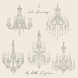 Pode incluir: Desenho a tinta de cinco lustres ornamentados. Cada lustre apresenta v&aacute;rios casti&ccedil;ais e elementos decorativos. O texto "5 Ink drawing" est&aacute; no topo e "My little Captain" na parte inferior.