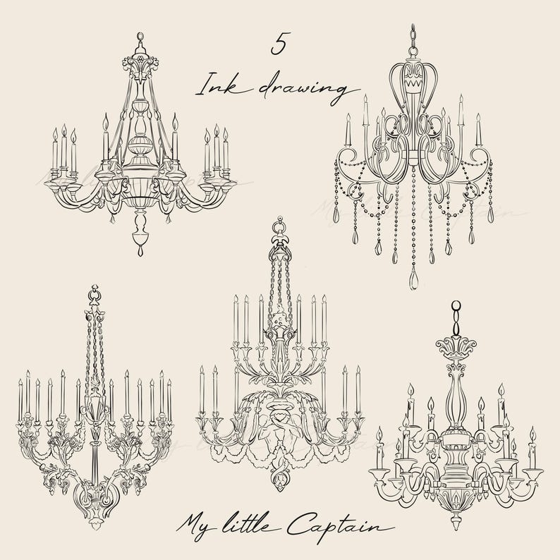 Pode incluir: Desenho a tinta de cinco lustres ornamentados. Cada lustre apresenta v&aacute;rios casti&ccedil;ais e elementos decorativos. O texto "5 Ink drawing" est&aacute; no topo e "My little Captain" na parte inferior.
