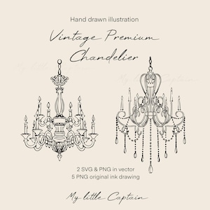 Pode incluir: Ilustra&ccedil;&atilde;o desenhada &agrave; m&atilde;o de dois candelabros vintage. Os candelabros s&atilde;o desenhos de linha preta com detalhes intrincados, incluindo velas e cristais pendurados. O texto inclui "Vintage Premium Chandelier".