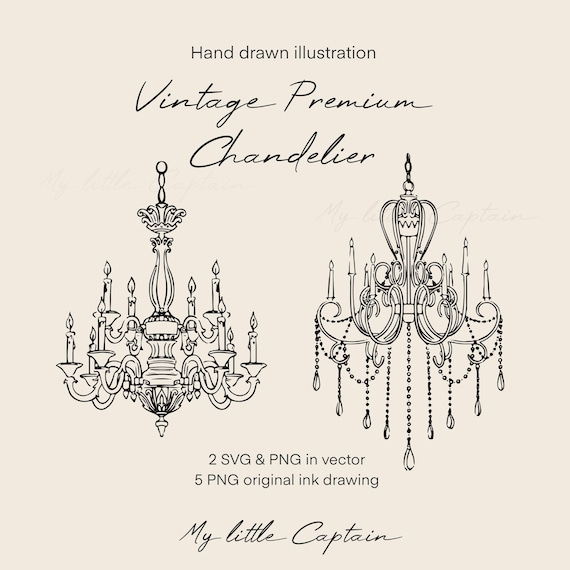 Vintage Chandelier Clipart | hand drawn illustration , SVG & PNG Files (Digital Download)
