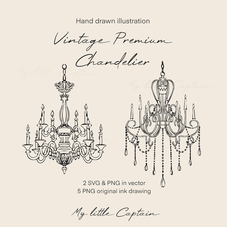 Pode incluir: Ilustra&ccedil;&atilde;o desenhada &agrave; m&atilde;o de dois candelabros vintage. Os candelabros s&atilde;o desenhos de linha preta com detalhes intrincados, incluindo velas e cristais pendurados. O texto inclui "Vintage Premium Chandelier".