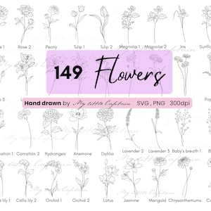 May include: A collection of 149 black and white floral line drawings, featuring various flower types such as roses and tulips. The image includes the text "149 Flowers" on a lavender banner, and "Hand drawn by My little Captain".