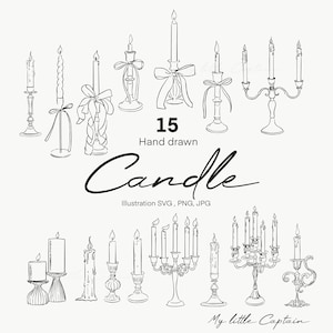 Handgezeichnet Kerze Clip Art Bundle | Vintage Kerzenhalter Vektor Illustrationen | Elegante Kerzenständer Skizze PNG & SVG