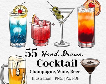 Hand-Drawn Cocktail Drinks Clipart set| Champagne Wine and Beer (PNG, JPG, PDF) beverage illustration