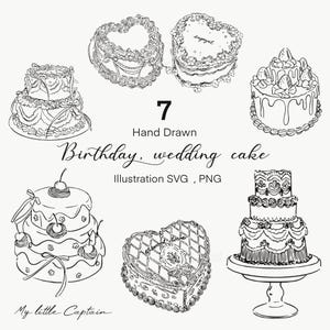 Clipart handgetekende cake – Bruilofts- en verjaardagstaarten | Lijntekeningen SVG-PNG-afbeelding