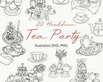 Hand drawn Tea Party Clipart | Vintage Teacup & Teapot Vector (PNG, SVG, PDF) illustration