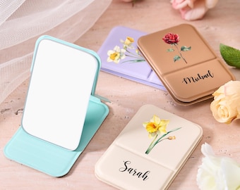Personalized Pocket Mirror Bridesmaid Gifts Birth Flower Mirror Folding Makeup Mirror Bridesmaid Proposal Bridal Party Favor Gift for Her