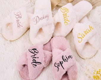 Personalized Fluffy Slippers Bridesmaid Slippers Bride Slipper Fuzzy Bridal Party Slippers Maid of Honor Gift Cozy Slippers Gift for Her