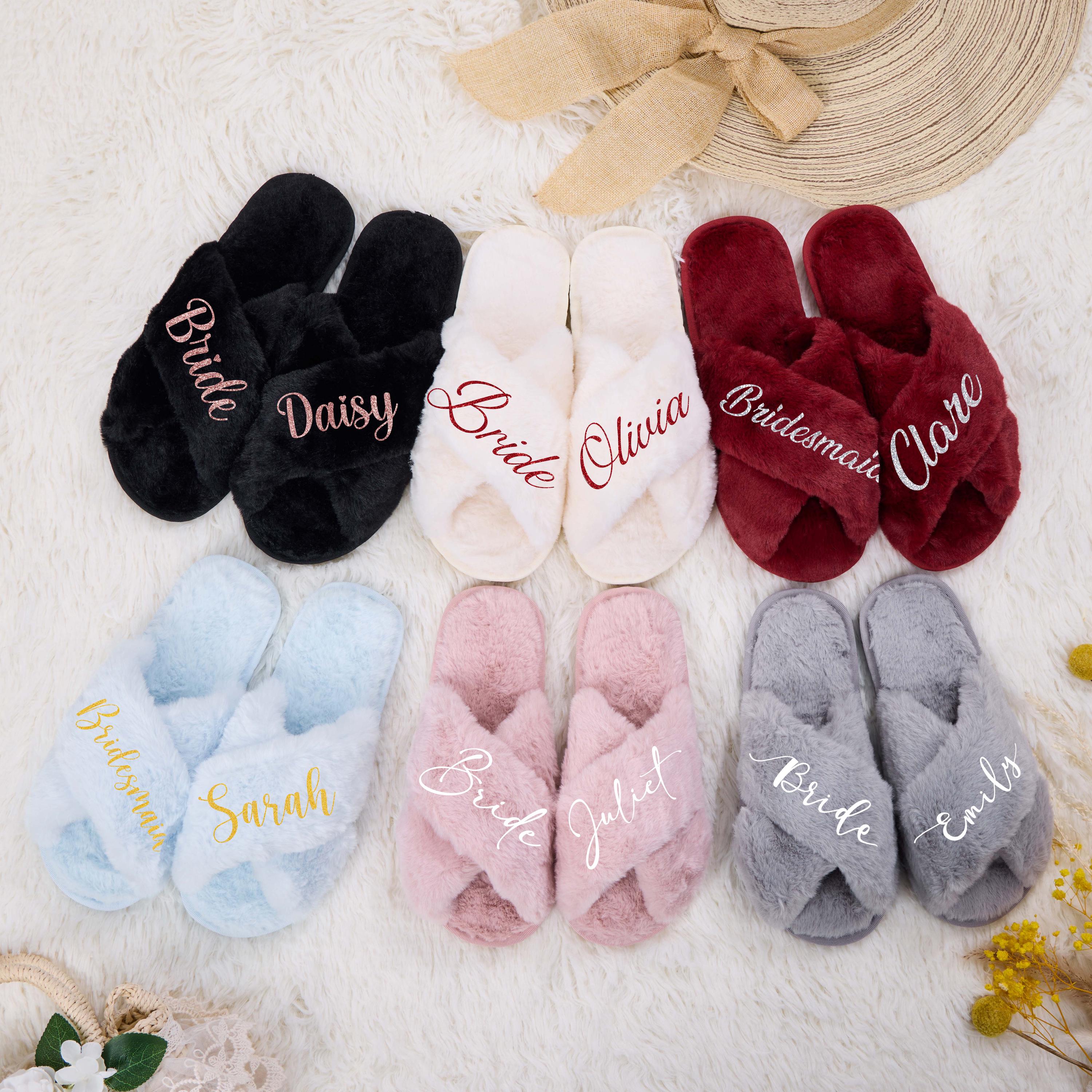 Personalized Bridesmaid Slippers, Bride Slippers, Fluffy Slippers, Cozy Slippers, Bridal Shower Gift, Bridesmaid Proposal, Bridal Party Gift