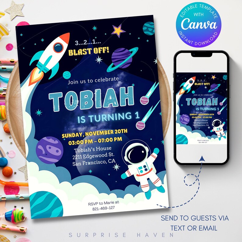 Outer Space Birthday Invitation, Editable Invitation Template, Boy