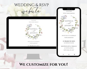 Sito web per matrimonio digitale e RSVP online - Sito web per matrimonio con ghirlanda di fiori selvatici - Mini sito web per matrimoni - Ghirlanda di fiori - RSVP digitale - Web floreale