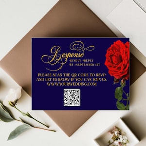 Die Schöne und das Biest Online Antwortkarte mit QR-Code, Die Schöne und das Biest laden ein, Hochzeitsantwortkarte, Benutzerdefinierte druckbare Antwortkarten