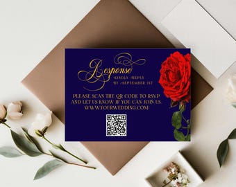 May include: Navy blue wedding invitation with gold script that reads "Response". A large red rose is on the right side. The invitation includes a QR code and the website address www.yourwedding.com.