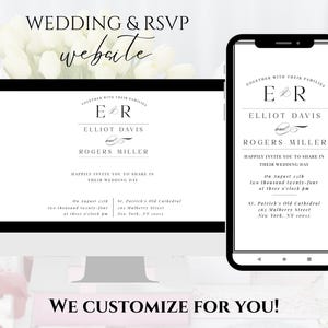 May include: A black and white wedding invitation design template with the text "Wedding & RSVP website" at the top. The invitation features the couple's names, "Elliot Davis" and "Rogers Miller", and the date and location of their wedding. The invitation is displayed on a computer screen and a mobile phone.