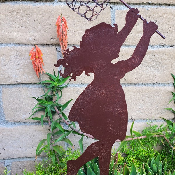 Metal Silhouette Girl Catch Butterfly, Rustic Looks, Farmhouse Garden Stake