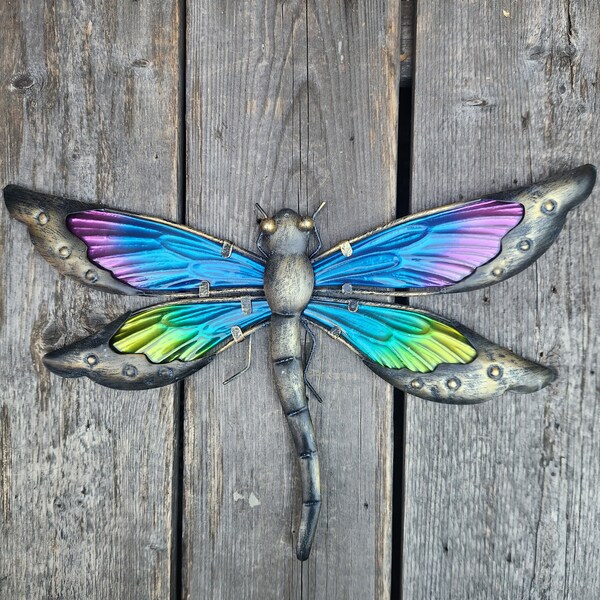 14" Dragonfly Metal and Colorful Glass Wings, Wall/Fence Decor