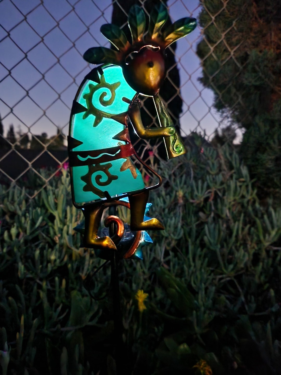 24 H, Solar Kokopelli Stake With Hand Painted Gold Accent Blue Green