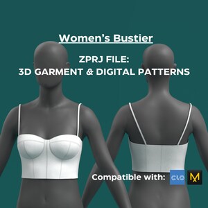 Women&#39;s Bustier ZPRJ File: Digital Patterns & 3D Garment / Size Small / Compatible with CLO 3D and Marvelous Designer / 3D Digital Garment
