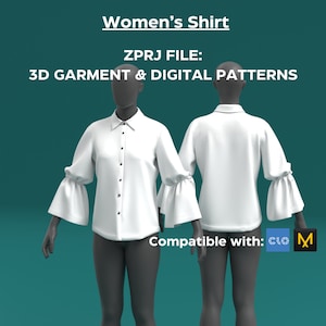 Women&#39;s Shirt ZPRJ File: Digital Patterns & 3D Garment / Size Small / Compatible with CLO 3D and Marvelous Designer / 3D Digital Garment