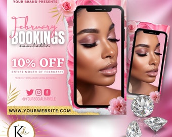 February Bookings Now Available Flyer, Now Appointments Beauty Hair Lashes, Wigs, Make Up, Nails, Valentines Canva Flyer Template