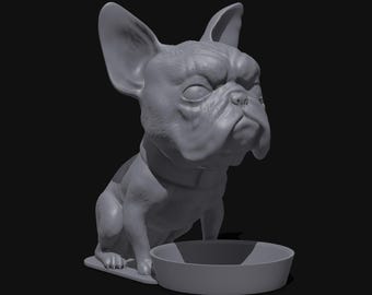 Archivo STL de bulldog francés - Descarga digital imprimible en 3D - Estatua de perro con cuenco - Modelo de impresión 3D para decoración del hogar, amantes de las mascotas, regalos