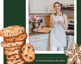 May include: A green background with a white circle containing a croissant and the text "Patisseries by Paris". The text "From My Oven To Yours" is written in white on a green background. The text "A Holiday Baking Guide" is written in white on a green background. A woman in a striped apron is standing in a kitchen holding a cup. There is a pink stand mixer and a baking sheet with cookies on the counter. There are illustrations of cookies and a snowflake on the bottom of the image. The text "© 2023 Patisseries By Paris" is written in white on a green background.