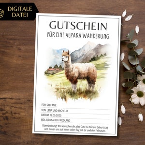 Gutschein Alpaka Wanderung Vorlage zum Ausdrucken | Gutscheinvorlage Ausflug mit Alpakas | Erlebnisgutschein gestalten | Geschenkgutschein
