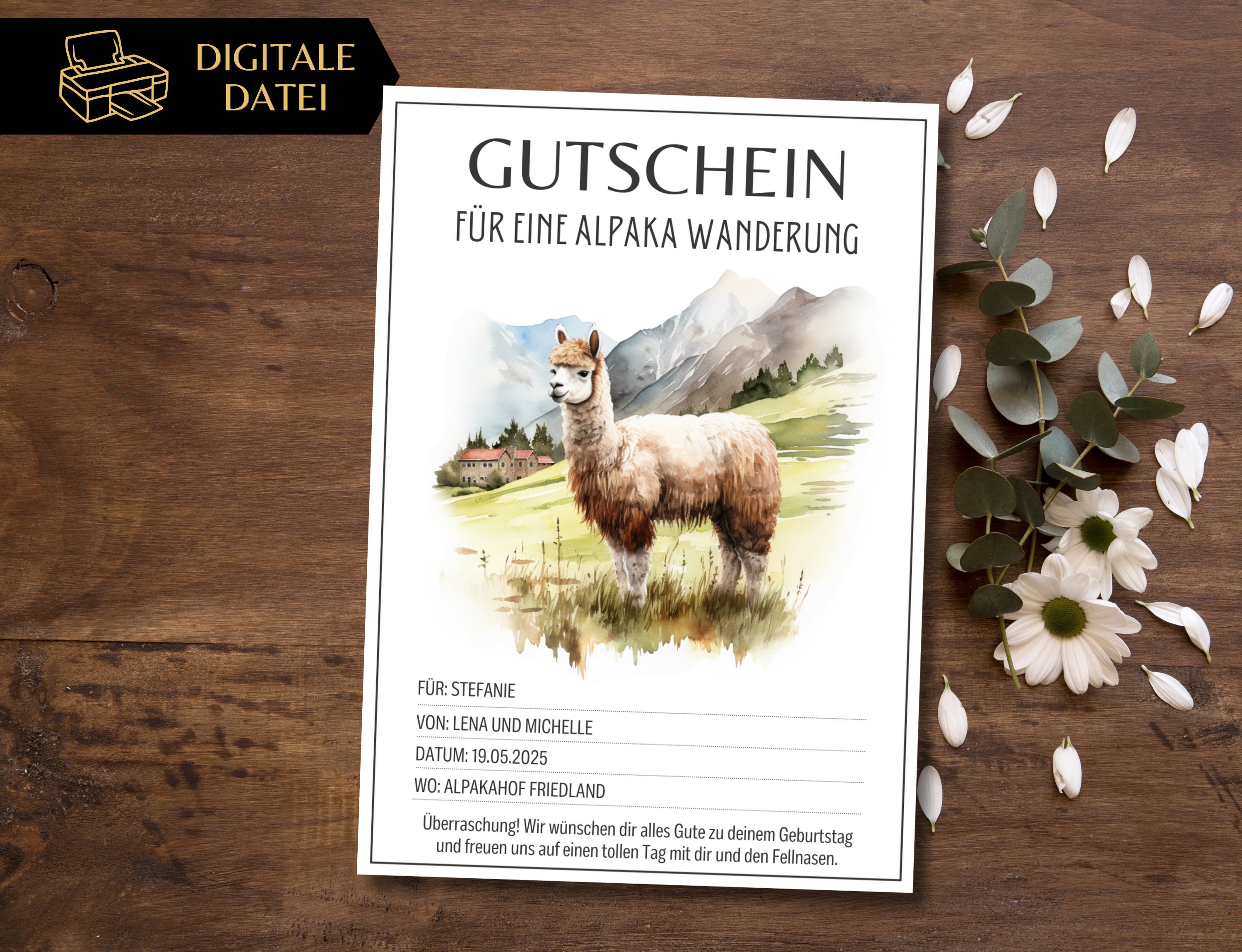 Gutschein Alpaka Wanderung Vorlage zum Ausdrucken | Gutscheinvorlage ...