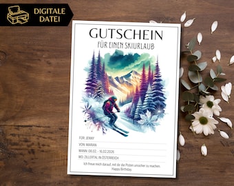 Ski holiday voucher template to print | Voucher template for skiing holidays in the mountains | Experience voucher for a ski course