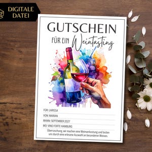 Könnte beinhalten: Ein digitaler Gutschein für eine Weinprobe. Der Gutschein zeigt eine Aquarellillustration einer Weinflasche und eines Rotweinglases. Der Text auf dem Gutschein lautet "GUTSCHEIN FÜR EIN Weintasting".