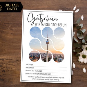 Plantilla de bono de viaje de Berlín para imprimir | Vale para unas cortas vacaciones | Plantilla de vale viaje a la ciudad | Viaje de fin de semana a la torre de televisión