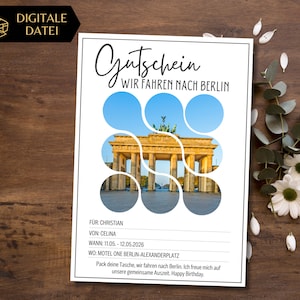 Plantilla de bono de viaje de Berlín para imprimir | Vale para vacaciones cortas | Plantilla de vale viaje a la ciudad | Viaje de fin de semana a la Puerta de Brandeburgo
