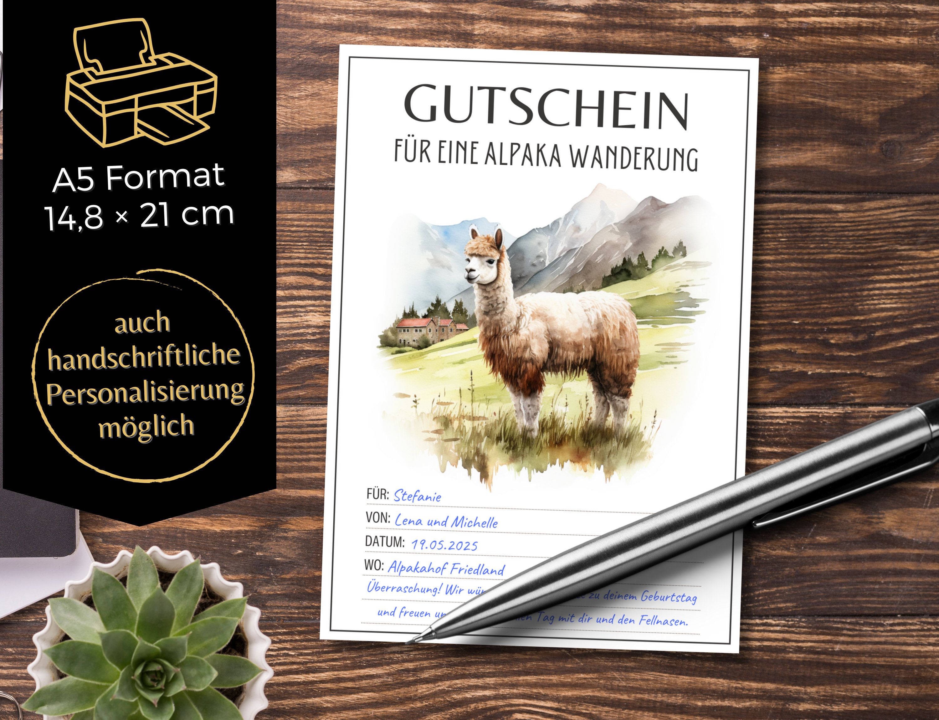 Gutschein Alpaka Wanderung Vorlage zum Ausdrucken Gutscheinvorlage