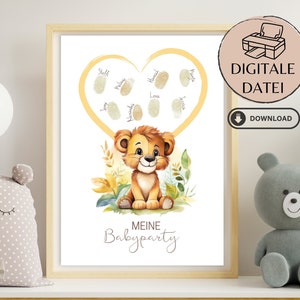Póster del libro de visitas del baby shower con huella dactilar para imprimir en casa | Libro de visitas de huellas dactilares para baby shower digital como PDF león con corazón