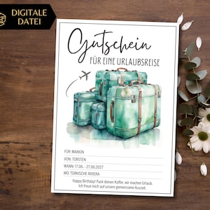 Reischeque vakantie sjabloon om af te drukken | Voucher sjabloon voor een reis | Vluchtvoucher | Cadeaubon | vakantiereis